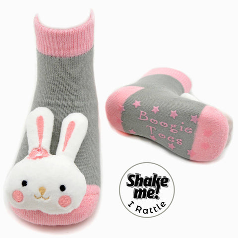 Pink Bunny Boogie Toes - Baby Rattle Socks: 0 - 1 Y