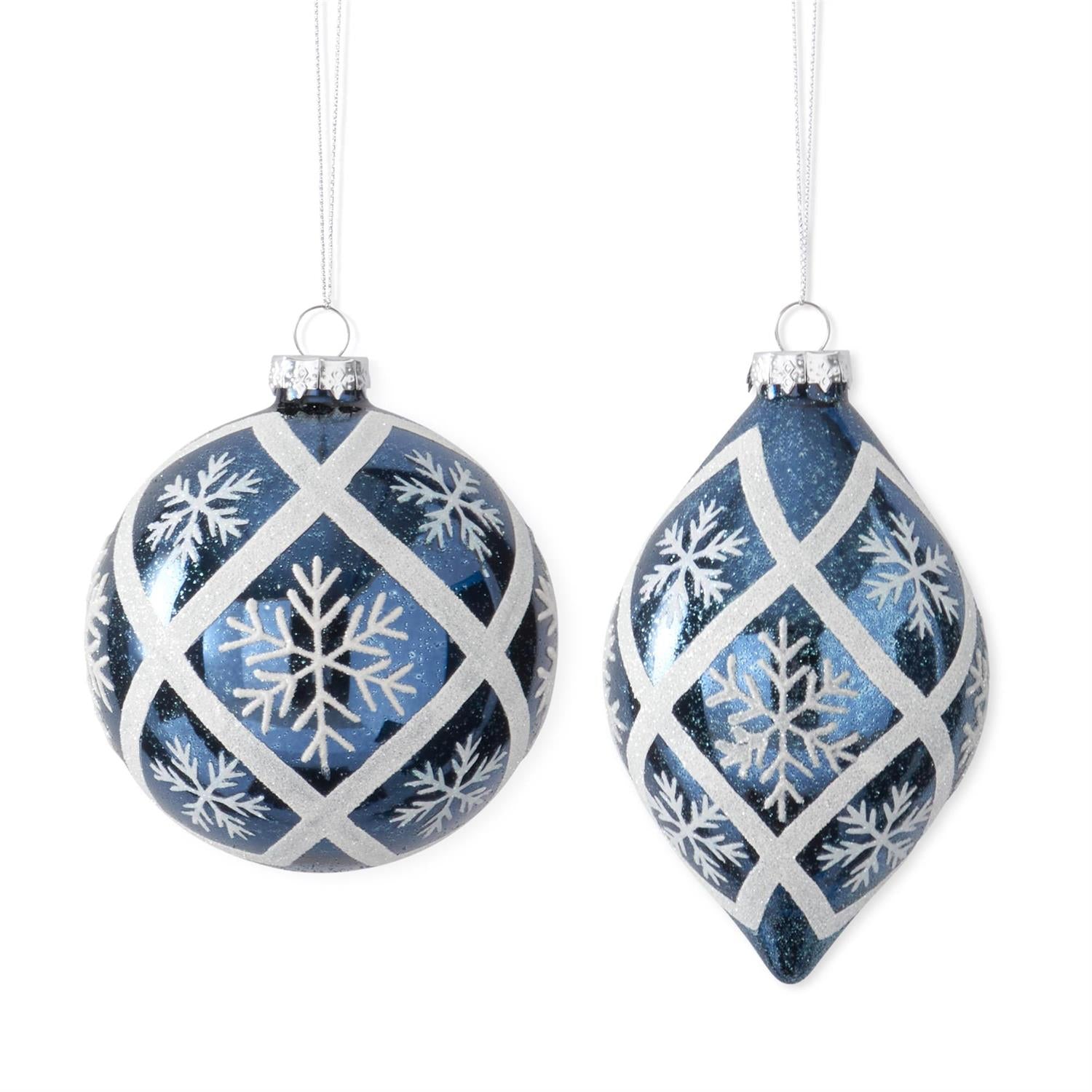 Blue & White Glittered Snowflake Glass Ornaments