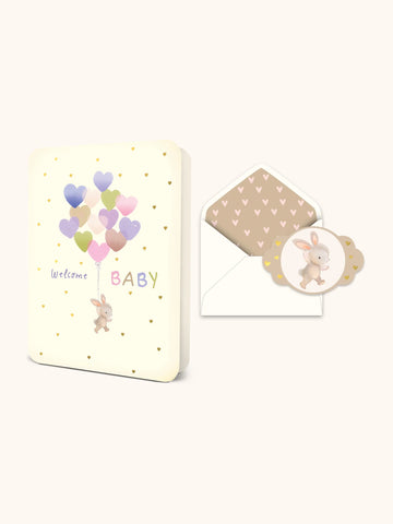 Welcome Baby Heart Balloons Deluxe Greeting Card