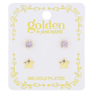 Earrings - Lavender Crystal & Gold Star with Mini Clear Crystal