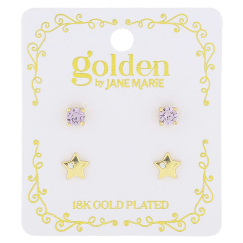 Earrings - Lavender Crystal & Gold Star with Mini Clear Crystal