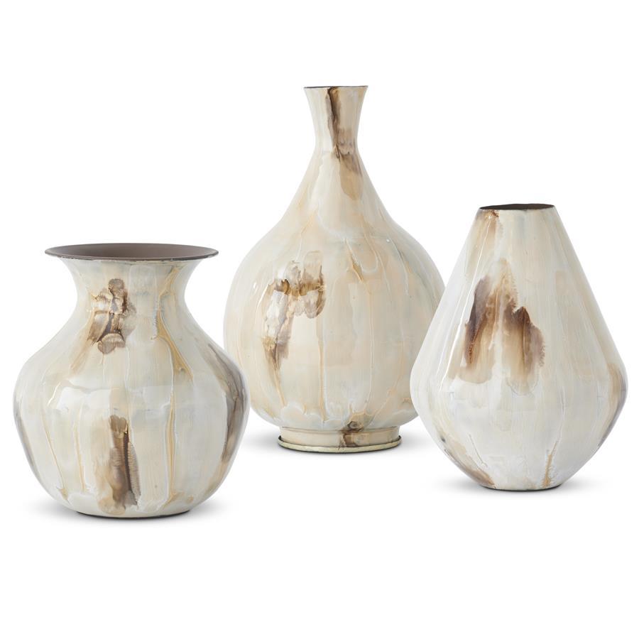 Cream & Brown Enameled Metal Vases