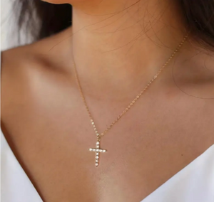 Stone Cross Necklace- Gold