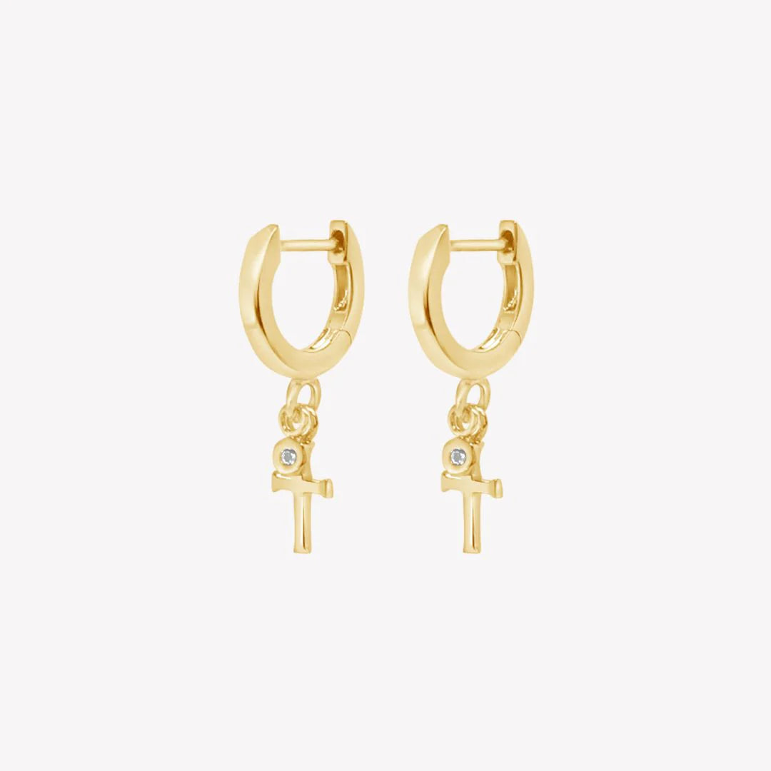 Calvary Cross Huggie Hoop Earrings, Gold