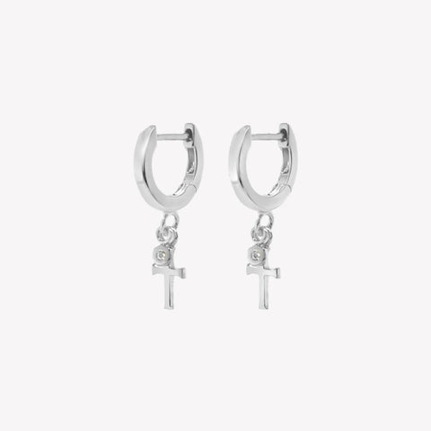 Calvary Cross Huggie Hoop Earrings, Sterling Silver