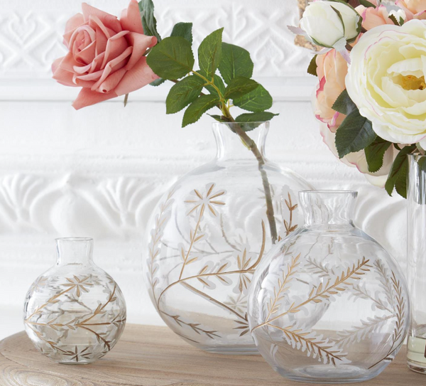 Round Etched White & Gold Painted Floral Glass