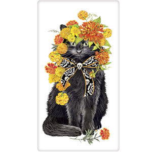 Black Cat in Flowers Towel