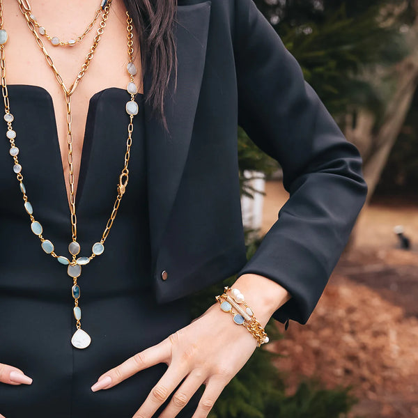 Gold Lariat with Kyanite, Moonstone & Chalcedony Necklace