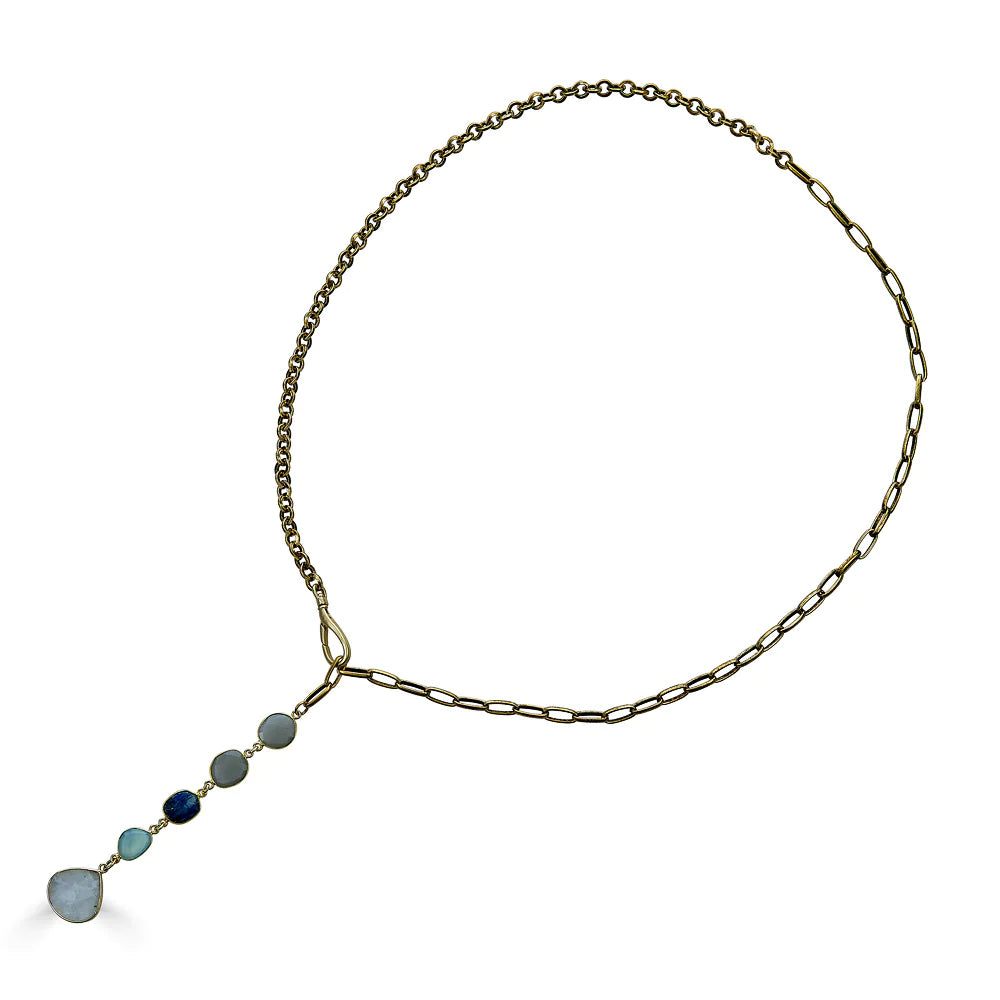 Gold Lariat with Kyanite, Moonstone & Chalcedony Necklace