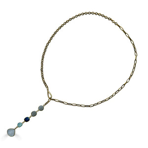 Gold Lariat with Kyanite, Moonstone & Chalcedony Necklace