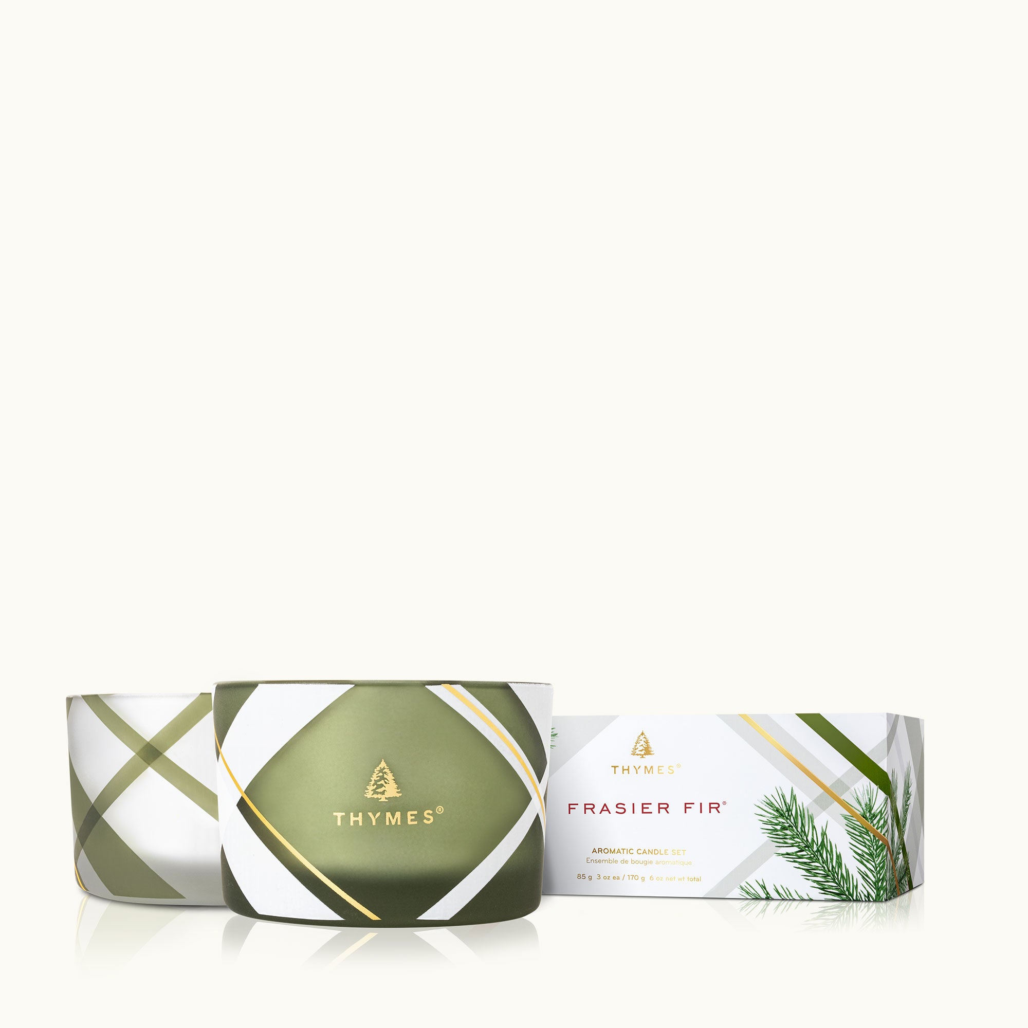 Frasier Fir Candle Set, Frosted Plaid Design